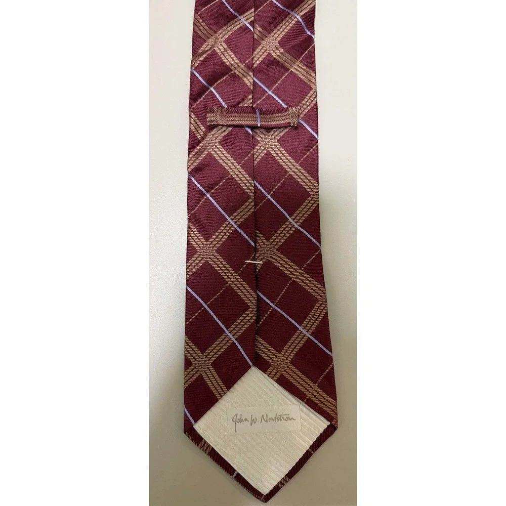 John W. Nordstrom Neck Tie Men's Plaid 100% Imported Silk Burgundy Gold USA Made